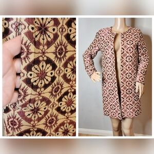 HallHuber Donna Open Front Tapestry Burgundy Cream Long Blazer Pockets XS Small